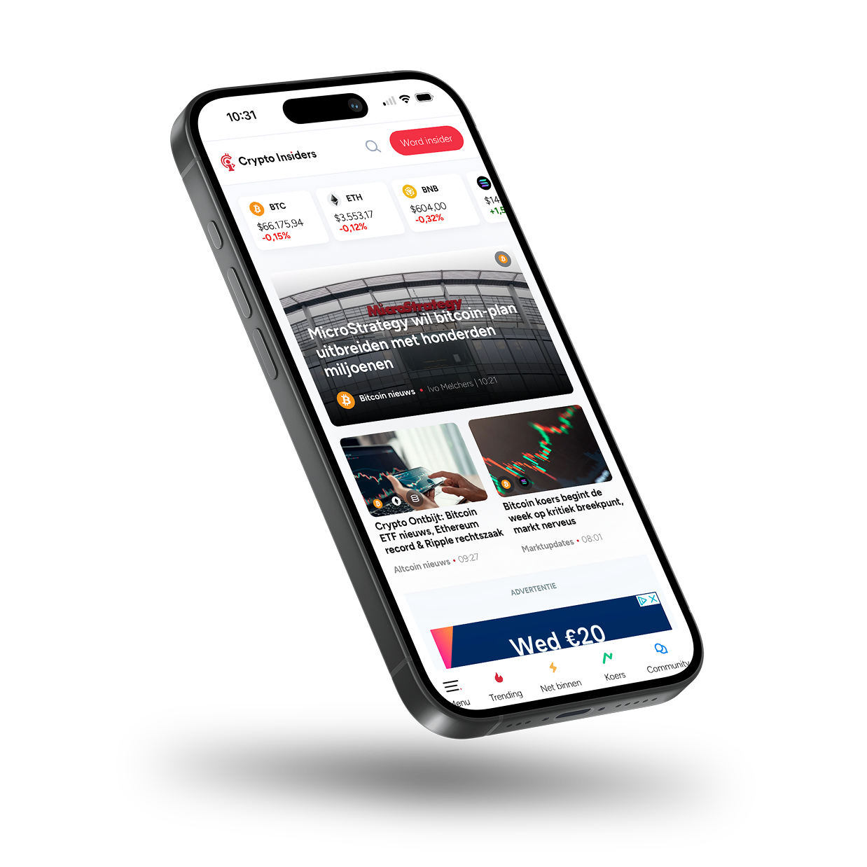 Telefoonmockup met de Crypto Insiders-app